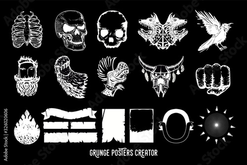 Music poster creator pack. Tattoo style illustration pack for rock and rap music. Heavy metal and hip-hop style. Vintage vector design icons.