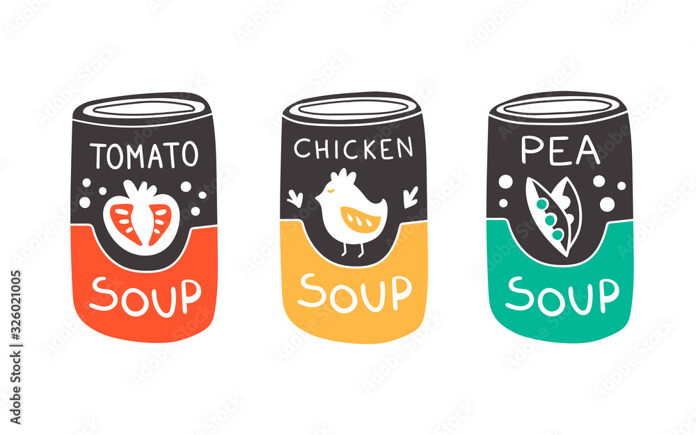 Vector illustration of can with soup in doodle style. Tomato soup