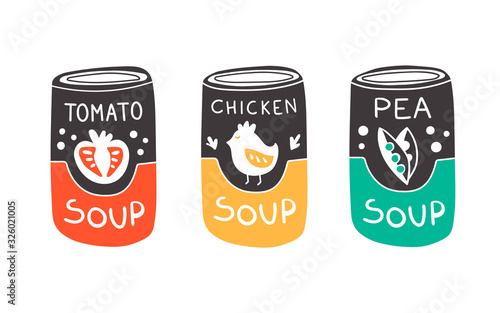 Vector illustration of can with soup in doodle style. Tomato soup, chicken soup and pea soup. Cute kawaii art with yellow, red and green color for concept and design