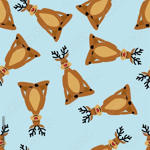 Seamless pattern with cute deer yogi on a blue background. Stock vector illustration for decoration and design, for packaging, wallpaper, textile, postcards, posters and more.