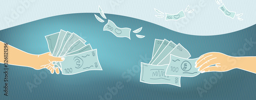 Illustration, facebook cover money, business, bank loans, salary, pension, repayment savings. Hand with cash, dollars banknotes, payment.