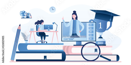 Home schooling or online education concept. Exam preparation banner. Girl teen student at the desk.