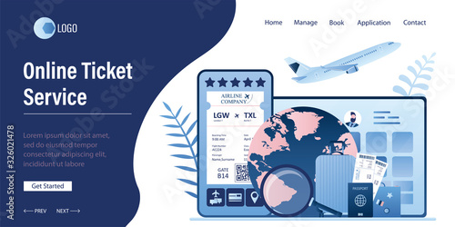 Online Ticket service landing page template. Mobile gadgets with travel applications.
