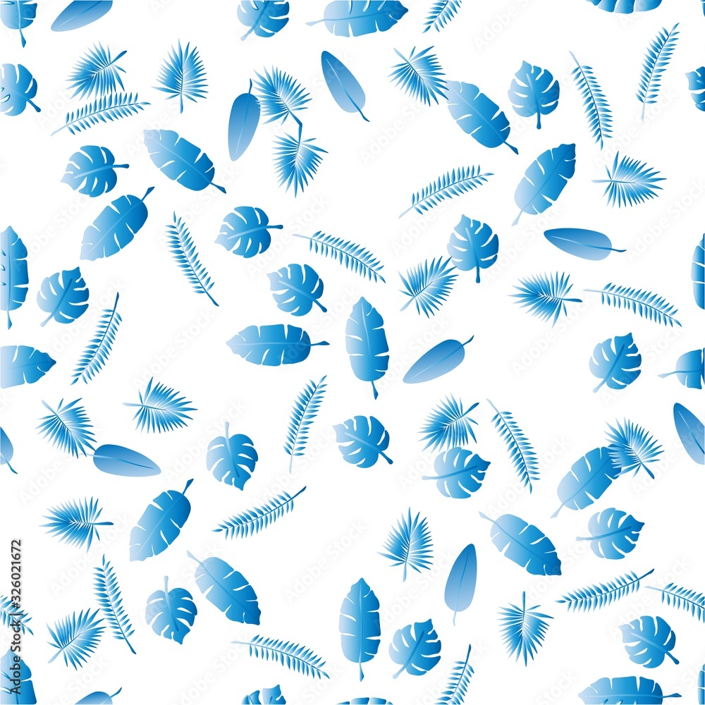 Obraz premium Seamless pattern of different blue tropical leaves on a white background. Stock vector illustration for decoration and design, wrapping paper, wallpaper, fabrics, postcards, posters, web pages