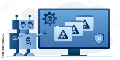 Virus bot robot hacker. Network piracy danger. Errors on monitor screen. Pirate attack artificial intelligence concept