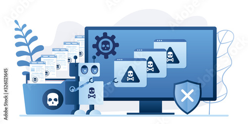 Network piracy danger. Errors on monitor screen. Pirate attack artificial intelligence concept. Folder with virus files.