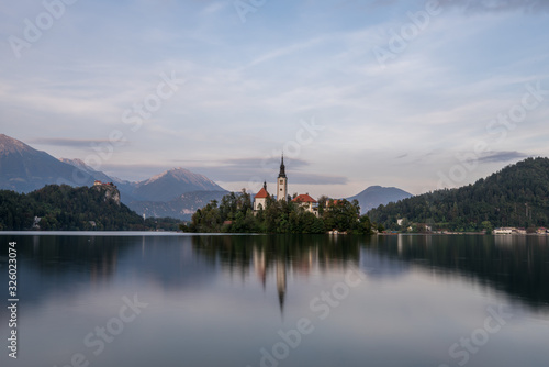 Sunset landscapes of Bled Island in Bled Lake, Slovenia