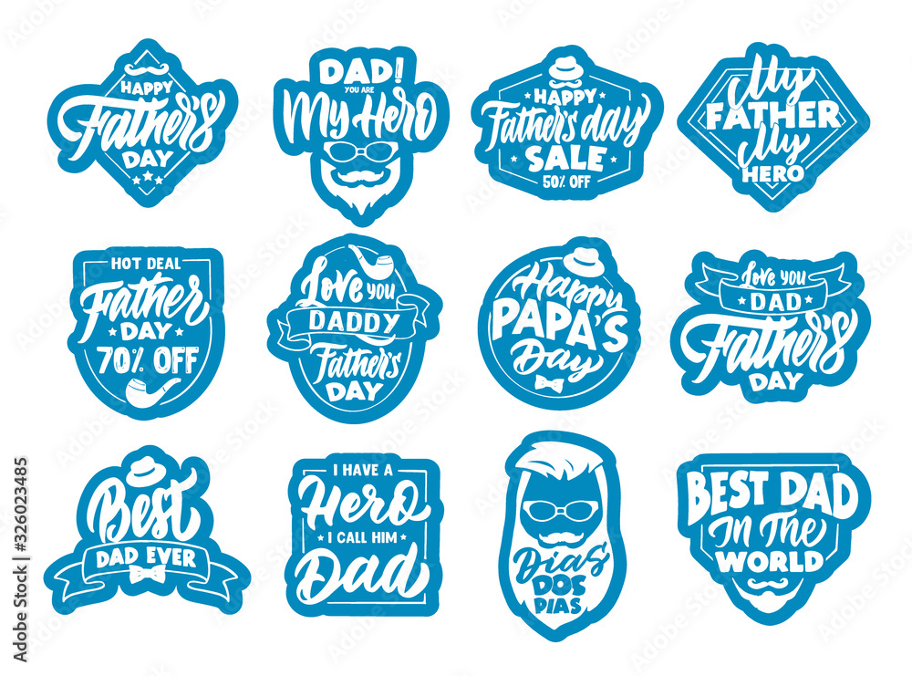 Set of father's day stickers, patches. Blue and white badges, emblems, stamps