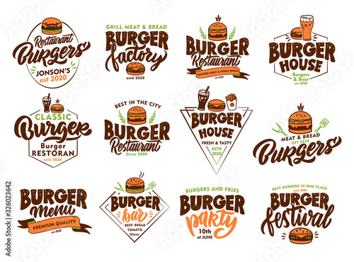 Set of vintage Burger, fast food emblems and stamps. Colorful badges, templates, stickers on white background