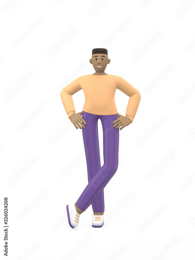 Young cheerful african guy posing in a free pose. Positive character in casual colored clothes isolated on a white background. Funny, abstract cartoon man. 3D rendering. Young cheerful african guy posing in a free pose. Positive character in casual colored clothes isolated on a white background. Funny, abstract cartoon man. 3D rendering.