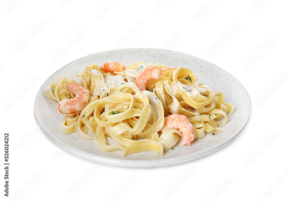 Delicious pasta with shrimps isolated on white