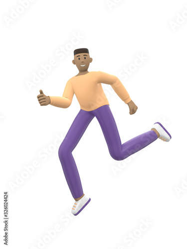 A young cheerful African guy dances  jumps  levitates and flies. Positive character in casual colored clothes isolated on a white background. Funny  abstract cartoon people. 3D rendering.