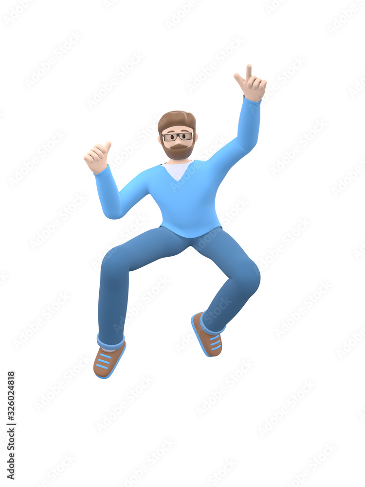 A young cheerful guy with a beard in glasses dances, jumps, levitates and flies. Positive character in casual colored clothes . Funny, abstract cartoon people. 3D rendering.