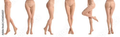 Collage of women wearing tights on white background, closeup of legs. Banner design
