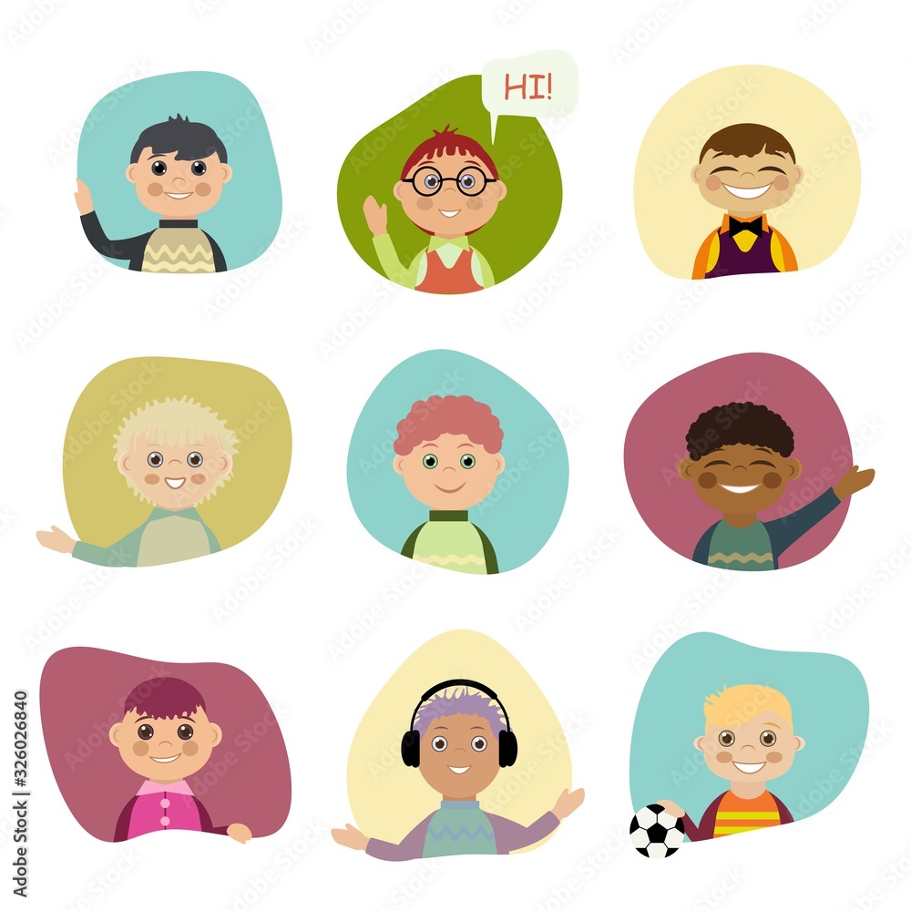 A set of boys in different situations. In each window, children and boys talk, smile, wave their hands, play, sing, and listen to music. Flat style vector illustration A set of boys in different situations. In each window, children and boys talk, smile, wave their hands, play, sing, and listen to music. Flat style vector illustration