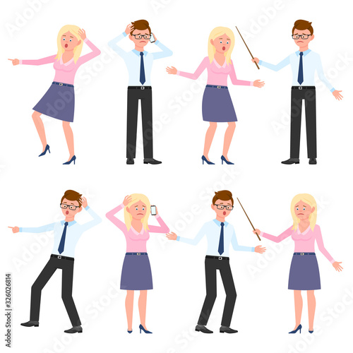 Surprised, sad, shocked, upset male and female vector illustration. Scared, unhappy, depressed, amazed young man and blonde woman cartoon character set on white