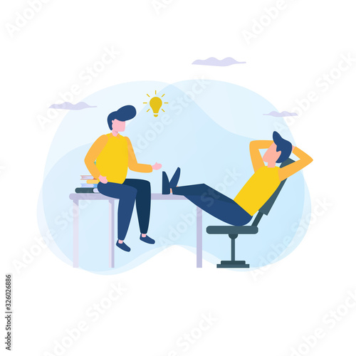 Two people are relaxing and sharing ideas, men have ideas sitting on a chair and table