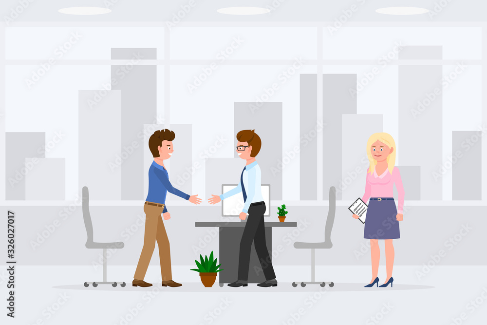Two man hands shaking meeting appointment with woman assistant vector illustration. Partners making negotiation deal at office interior cartoon character set on cityscape background