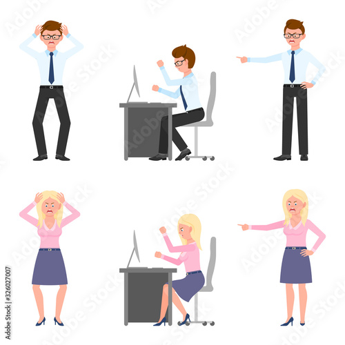 Angry, stressed, desperate office boy and girl vector illustration. Shouting, pointing finger, screaming, sitting at desk male and female cartoon character set on white