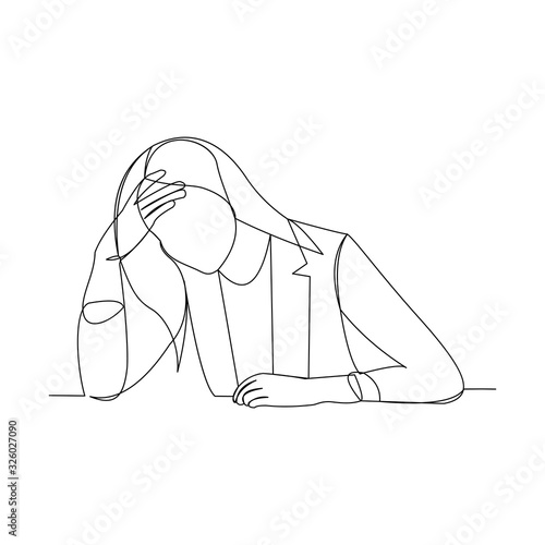 Continuous line drawing of business woman in depression, stressed, and depair. Vector illustration