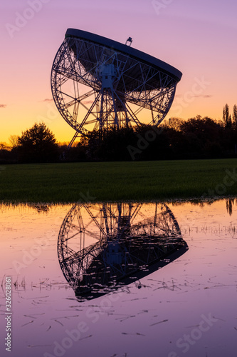 Sunrise at the Lovell Telescope at Jodrell Bank in the Cheshire landscape - a UNESCO World Heritage Site. Radio Telescope Centre for Astrophysics at the University of Manchester