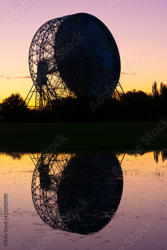 Sunrise at the Lovell Telescope at Jodrell Bank in the Cheshire landscape - a UNESCO World Heritage Site. Radio Telescope Centre for Astrophysics at the University of Manchester photo