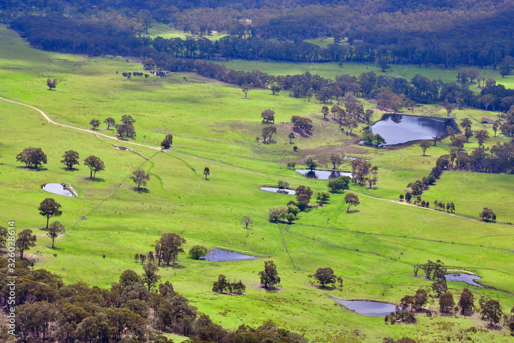 A view of farm land in the Megalong Valley from Mount Blackheath