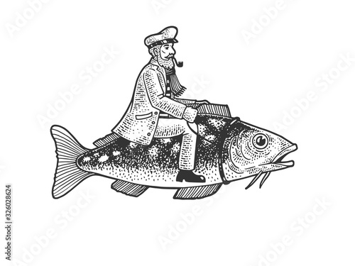 Fisherman captain riding fish sketch engraving vector illustration. T-shirt apparel print design. Scratch board imitation. Black and white hand drawn image.