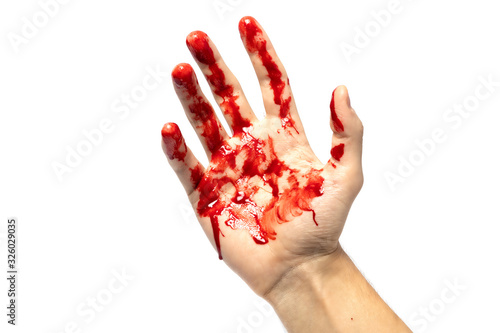 Picture of a bloody hand full of blood Isolated on white background. Injury and crime concept. 
