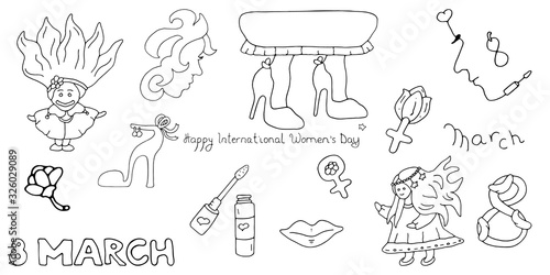 Set International Women's Day March 8. Mothers Day. Black and white vector, hand drawn. Templates for card, poster, flyer. Women's high heel shoes, accessories, princesses, lips, lipsticks.