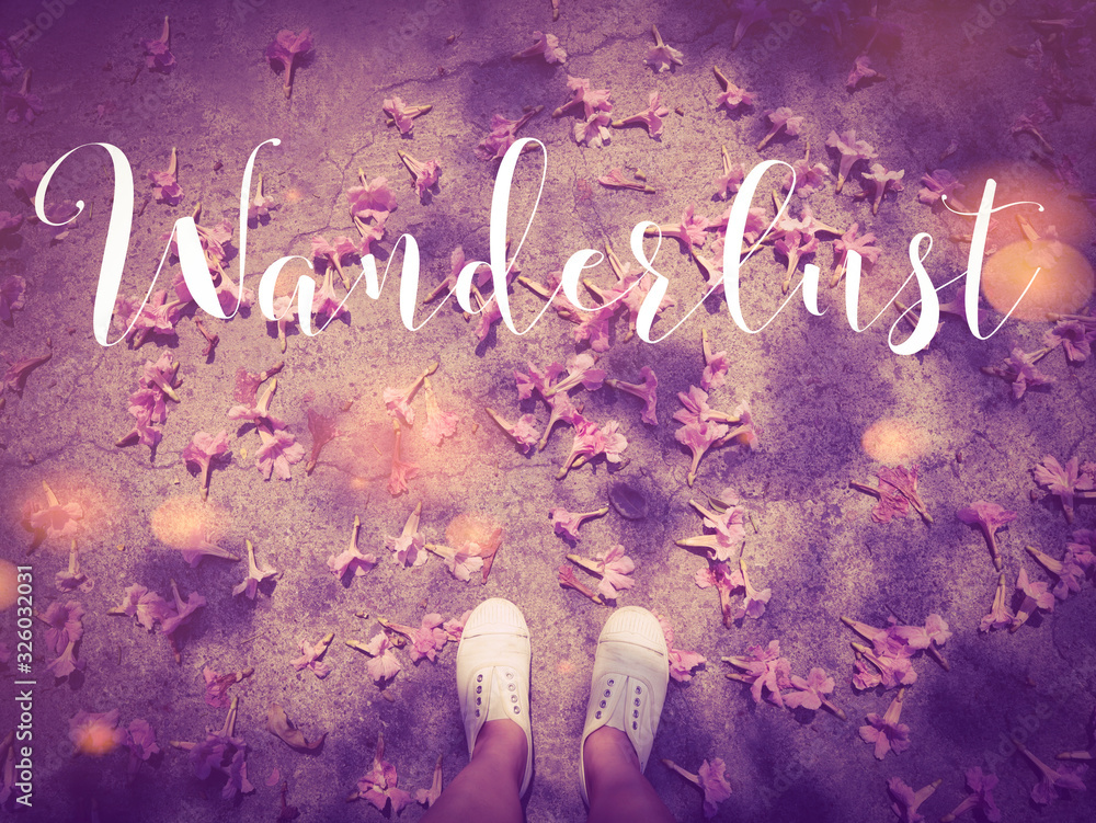 Φωτογραφία Wanderlust handwriting word on pink flowers fallen on road with woman feet wear