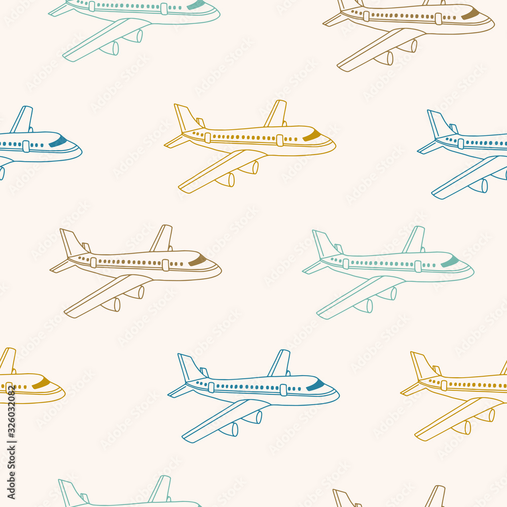 Seamless pattern of colorful airplanes. Perfect for home textiles, fabrics, decorations and other interior solutions. Beige background.