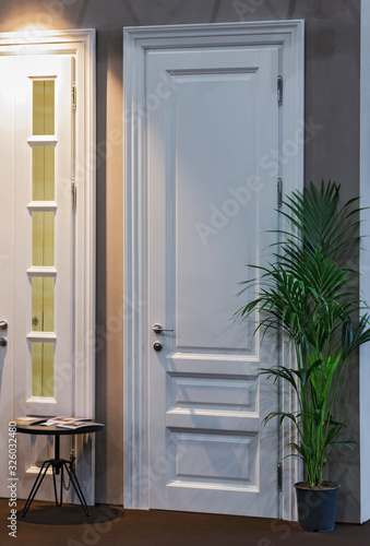 White classic wooden door decorated with classic elements. Design door in classical style in the house