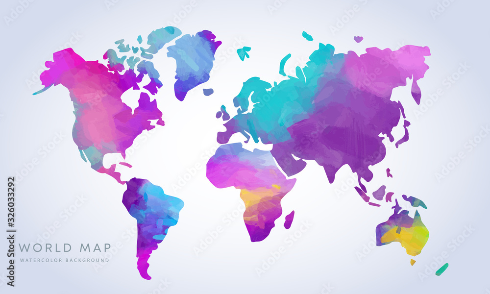 Naklejka Vector hand drawn vibrant watercolor world map isolated on white background