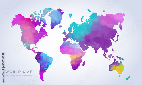 Vector hand drawn vibrant watercolor world map isolated on white background	