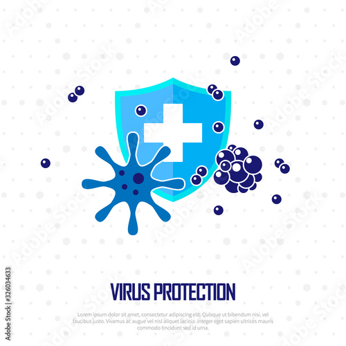 COVID-19 protection virus. Illustration with shield and virus vector illustration.Pixel-aligned, Pixel Perfect, Editable Stroke, Easy Scalablility. photo