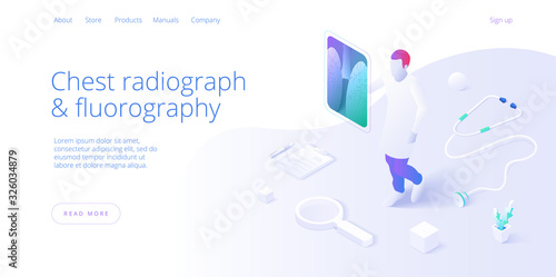 Pulmonary xray illustration in isometric vector design. Pulmonology theme image with doctor analyzing lungs on monitor. Respiratory medical diagnostics. Web banner layout template.