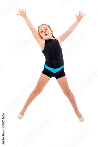 Girl child practice and doing rhythmic gymnastics portrait, white background.