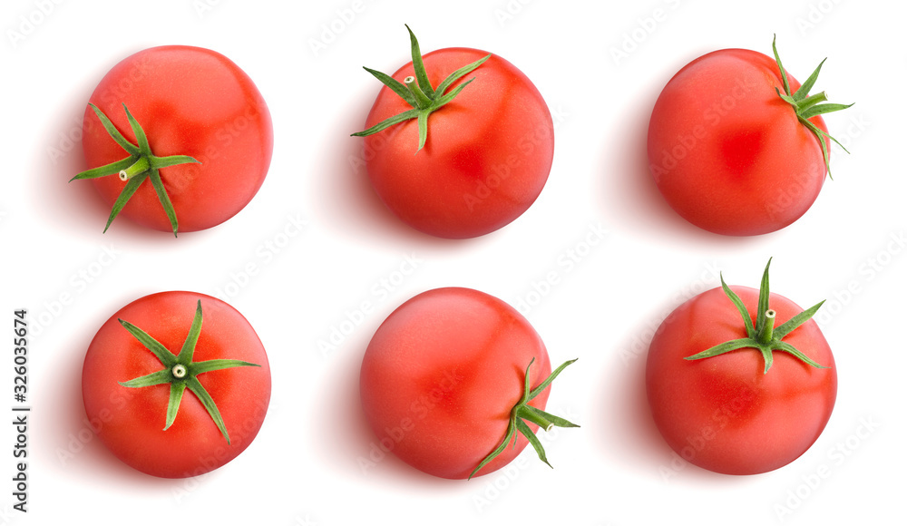 Tomato isolated on white background, flat lay, top view Tomato isolated on white background, flat lay, top view