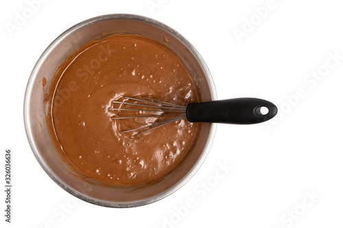Brownie Bar Mix In A Metal Bowl With Wire Whisk