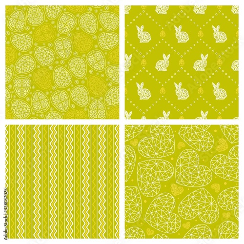 Set of cute seamless patterns for happy Easter. Yellow and white Eggs, rabbits, hearts, waves, zigzags on a green background. Vector texture for wallpaper, textile, web, fabrics, wrapping paper.