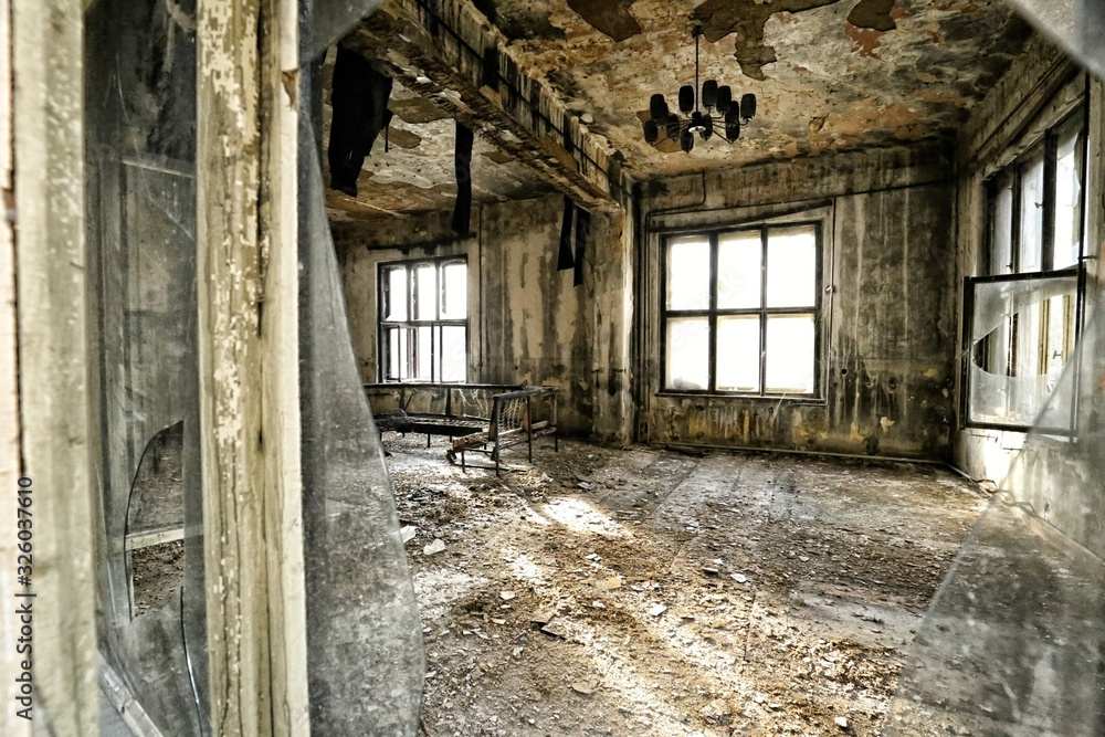 Abandoned burnt out restaurant saloon
