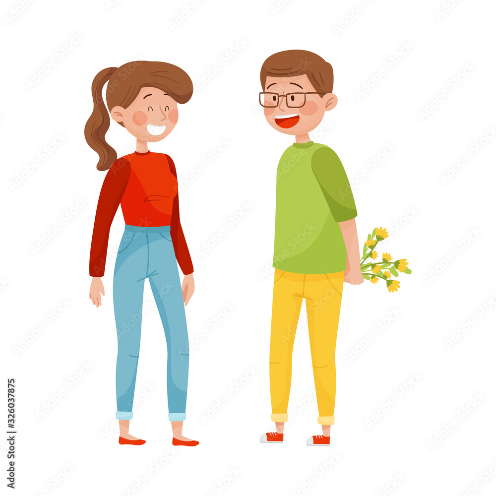 Young Flushed Man Hiding Bunch of Flowers Behind His Back Talking to Woman Vector Illustration