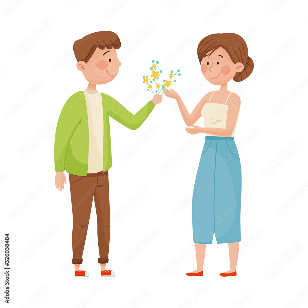 Smiling Man Giving Bunch of Flowers to Woman Vector Illustration