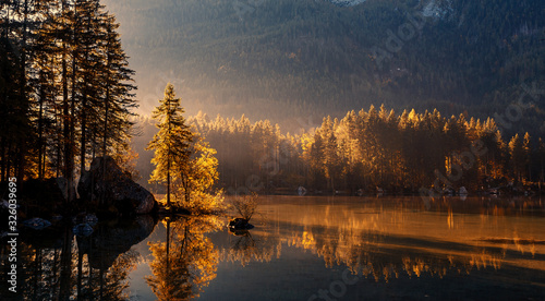 Wonderful Colorful Sunset at Hintersee Lake in Bavarian Alps. Awesome Alpine Highlands during sunrise. Amazing Autumn Natural Background. Incredible Nature Landscape. Beautiful locations of the World photo