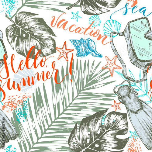Summer background with diving mask and lettering