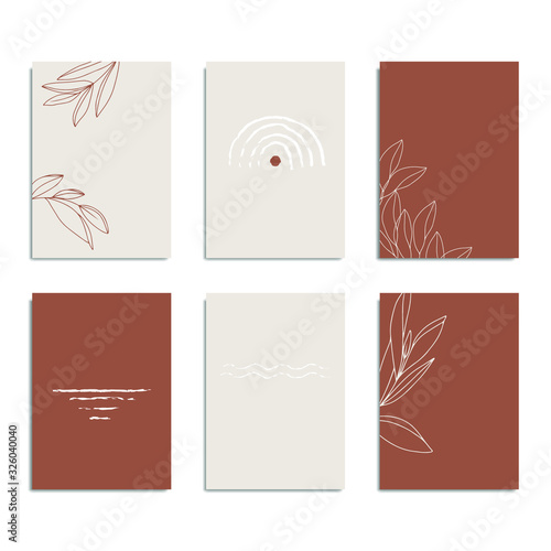 Set of cards, posters, vertical backgrounds. Line art collection with copy space for text. Modern templates with floral elements. Botanical vector illustration