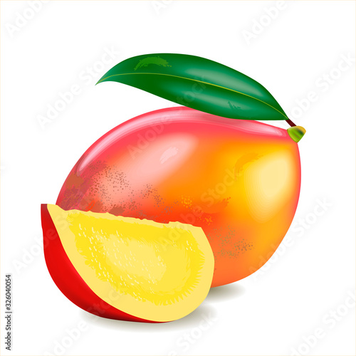Ripe mango fruit with leaf isolated on white background. One whole red mango fruit and one piece. Realistic vector illustration.