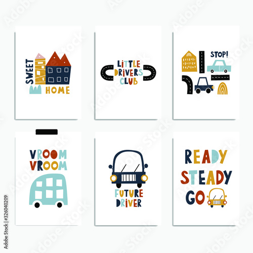 Set of kids posters. Nursery design. Scandinavian style. Cute cars vector illustrations. Vertical cards for baby boys.