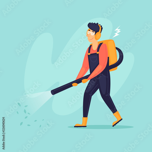Man blows off leaves, street cleaning. Flat design vector illustration.